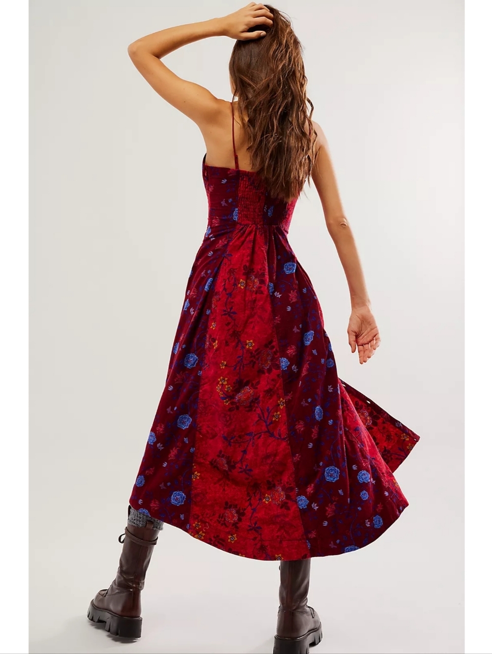 Free People Gail Midi‎ Dress Scarlet Combo Colorblocked Floral Corduroy - Picture 2 of 16